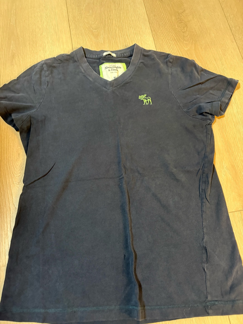 Abercrombie & Fitch Navy V‑Neck Tee with Lime Green Moose Logo